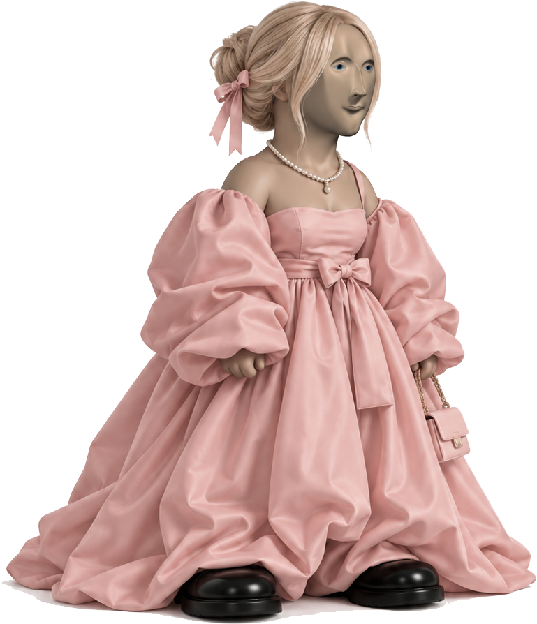 A tiny Stonks girl wearing an enormous elegant pink dress